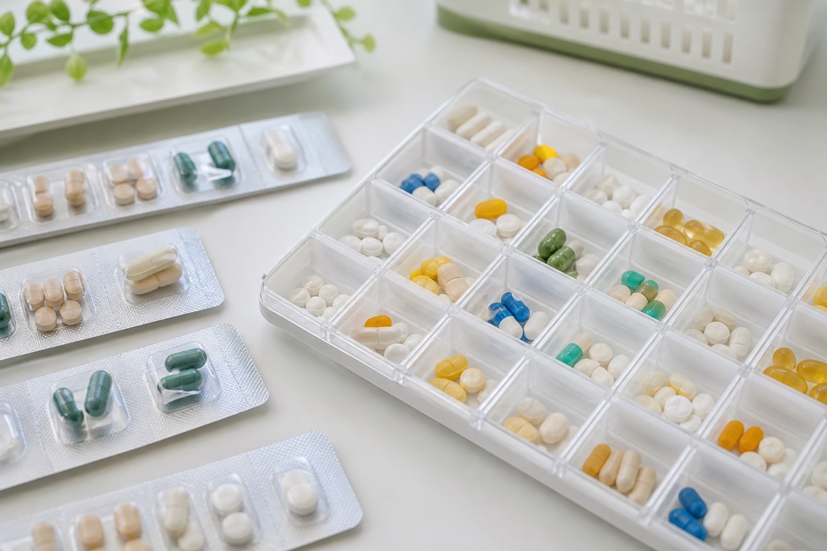 KI-generierte Darstellung vieler sicher vorsortierter Tabletten und Kapseln